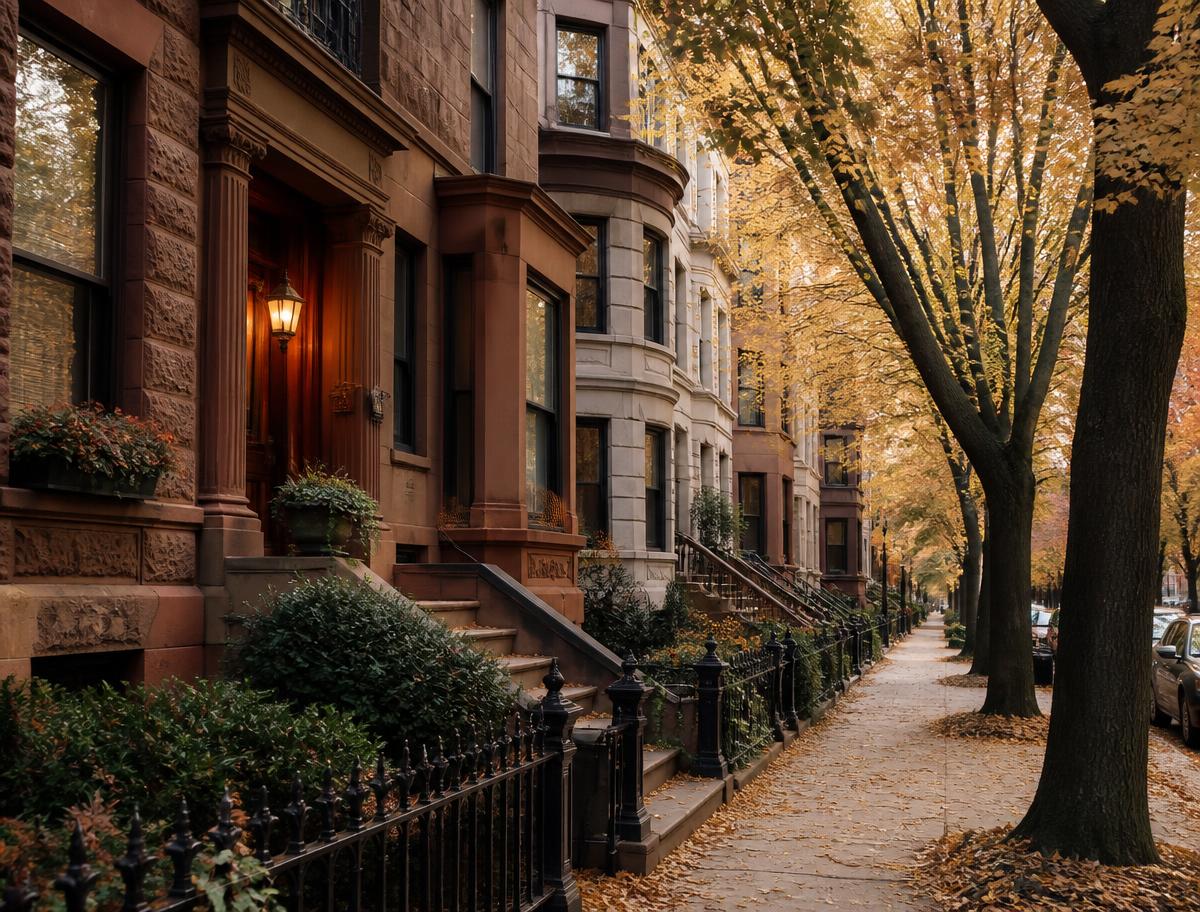 Tree-lined Chicago street with historic rowhouses in autumn